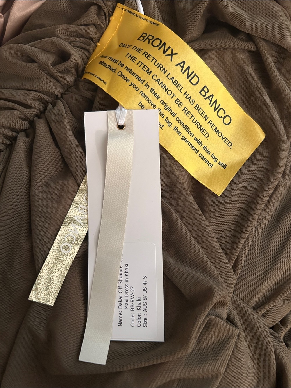 NWT Bronx and Banco Off-Shoulder Sheer Maxi Dress in Khaki - Picture 5 of 5